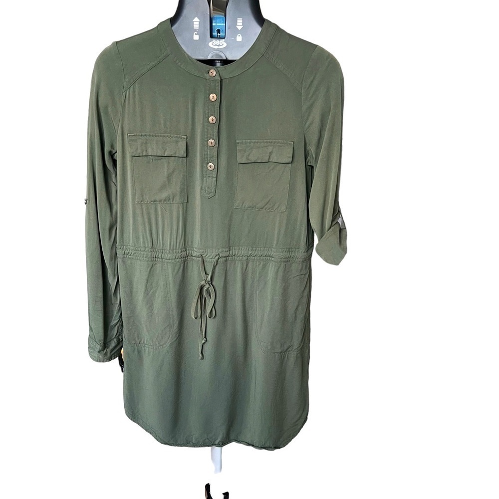 Paper Crane Woman’s Paper Olive Army Green Utility Long Sleeve Shirt Dress Sz S